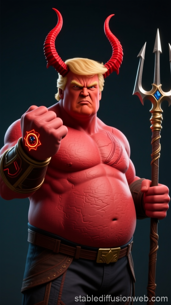 Demonic Character with Trump-like Features Holding Trident