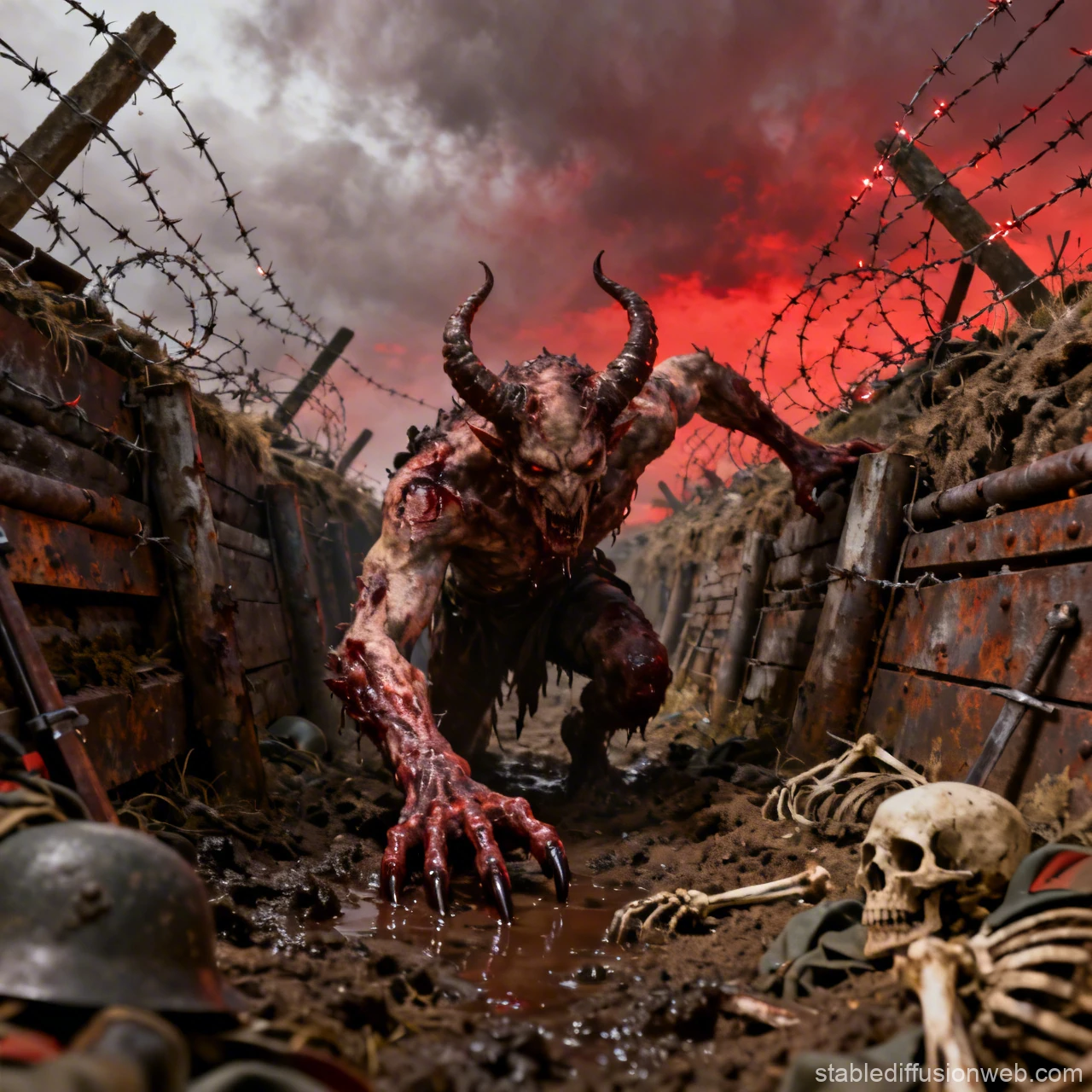 Demonic Creature Crawling Through War Trench