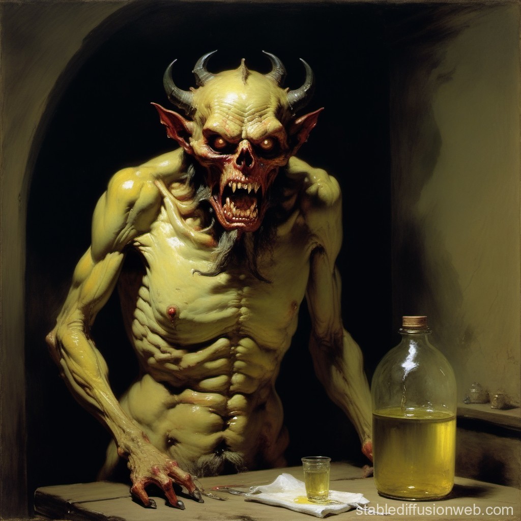 Demonic Creature in Dimly Lit Room with Potion Bottle