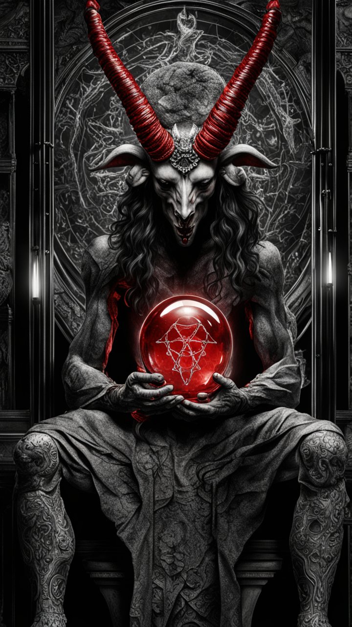Demonic Horned Entity Holding a Glowing Red Orb