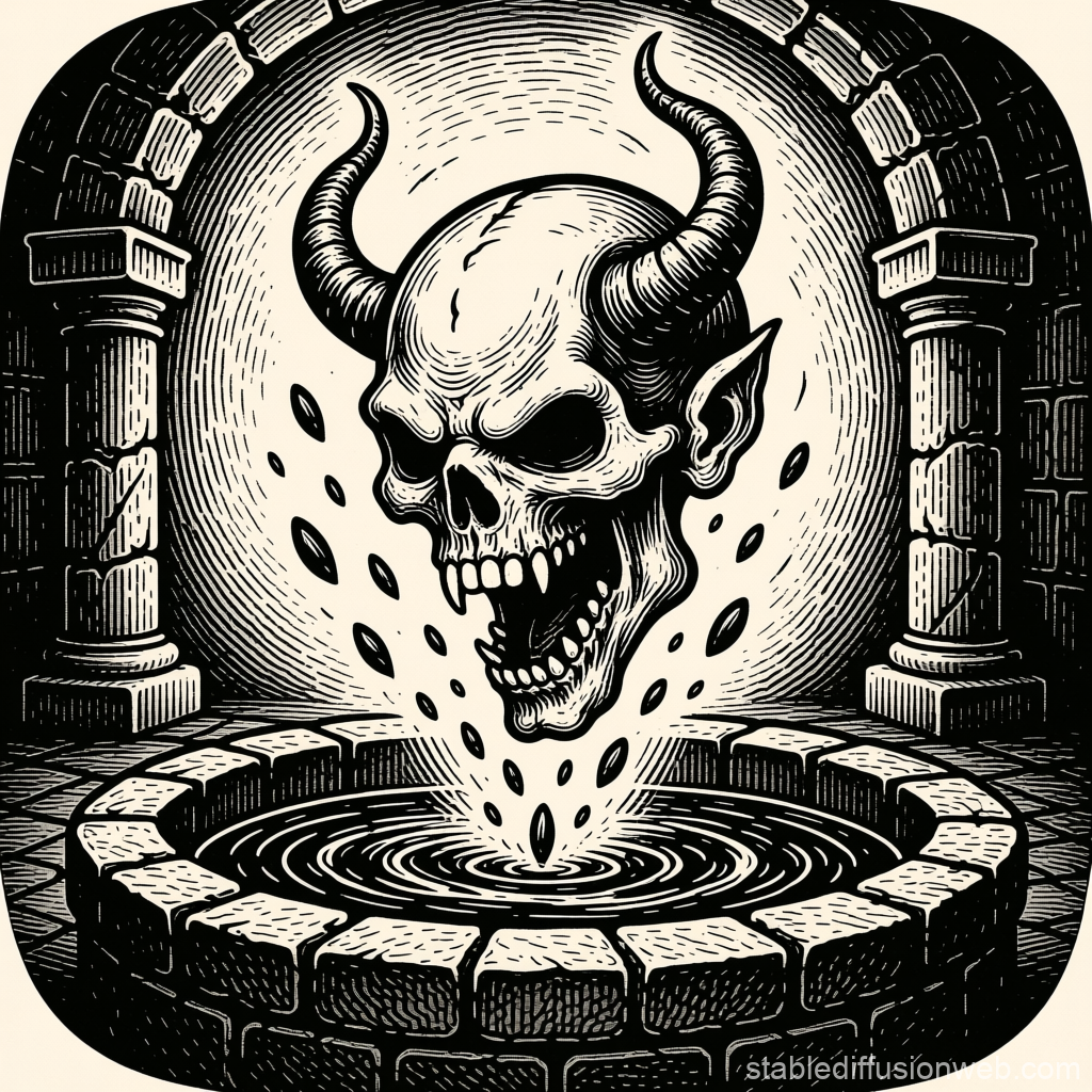 Demonic Skull Emerging from a Stone Well