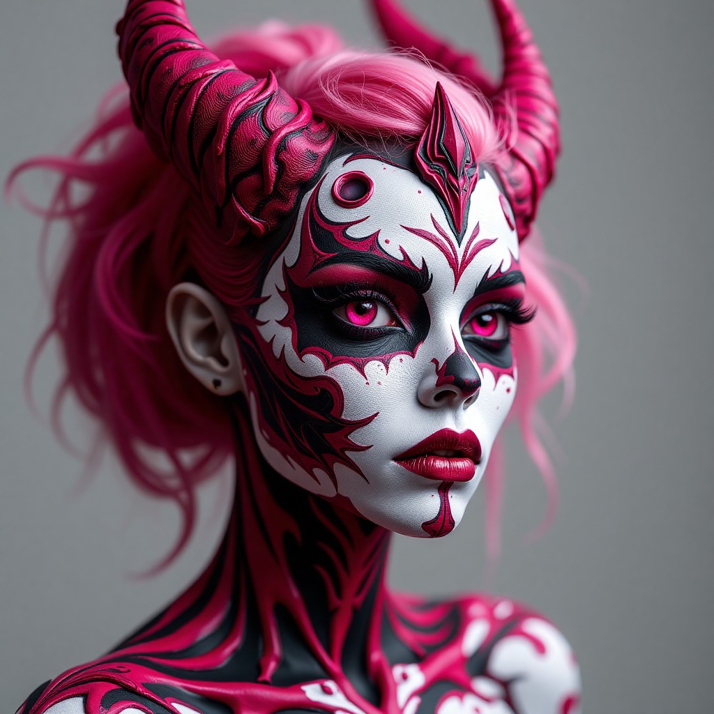 Demonic Woman with Intricate Pink and Black Face Paint