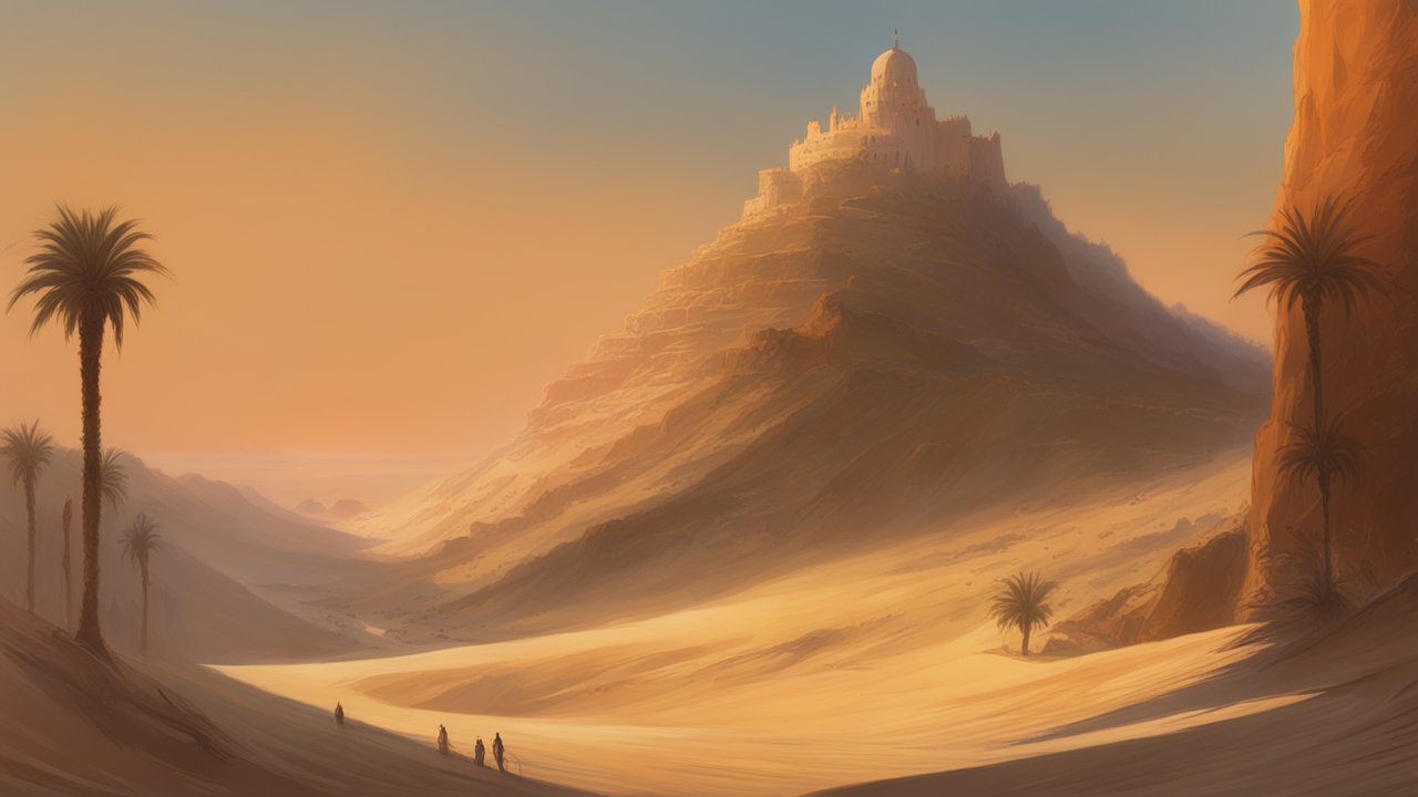 Desert Fortress on a Dune-Like Landscape at Sunset