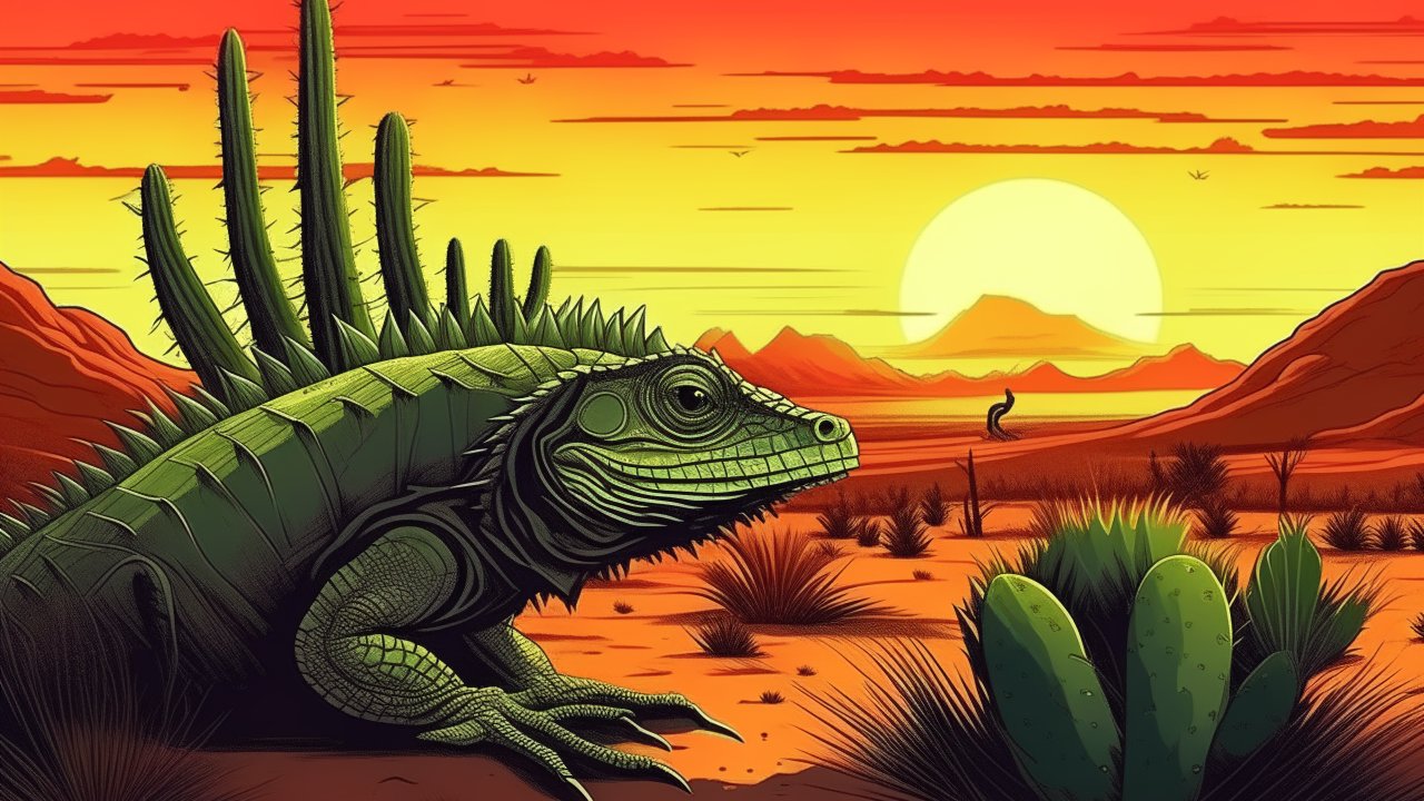 Desert Iguana at Sunset in Stylized Illustration