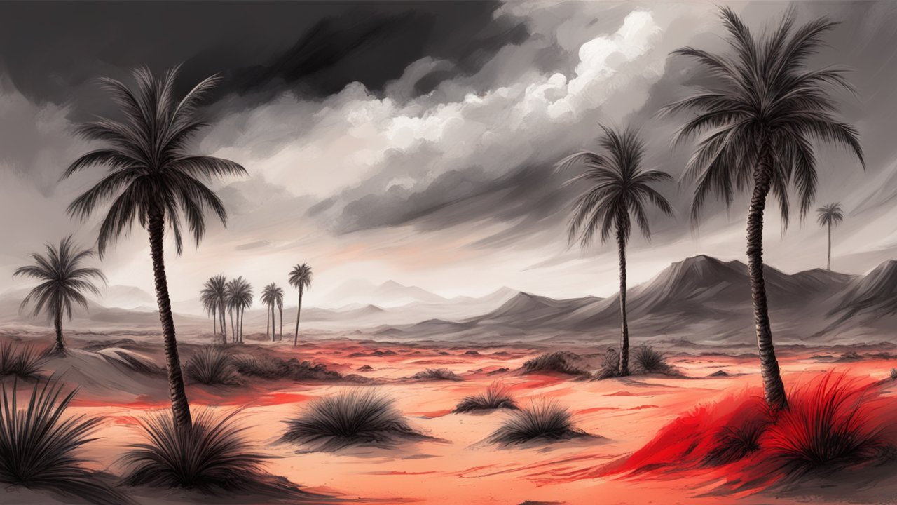 Desert Landscape with Palm Trees under Dramatic Sky