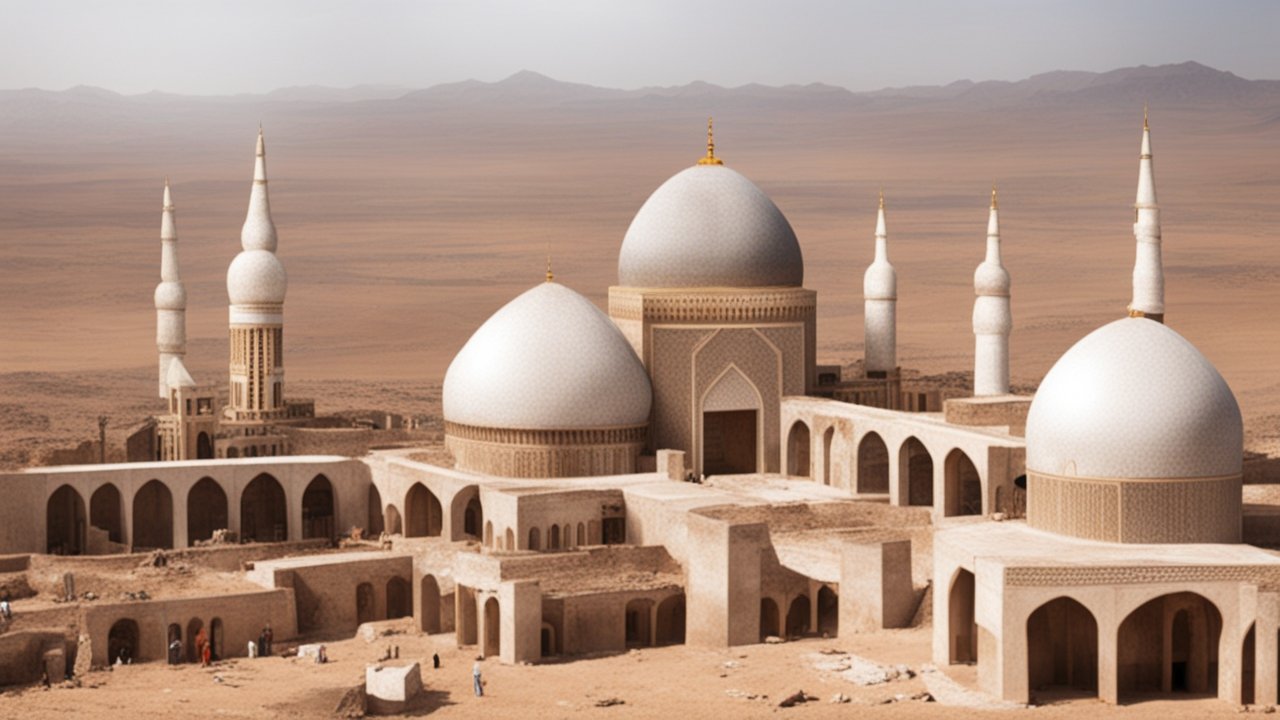 Desert Mosque with White Domes and Minarets