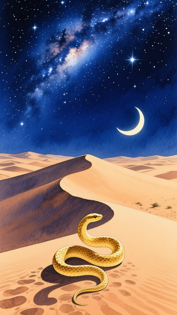 Desert Night with Golden Snake under Crescent Moon