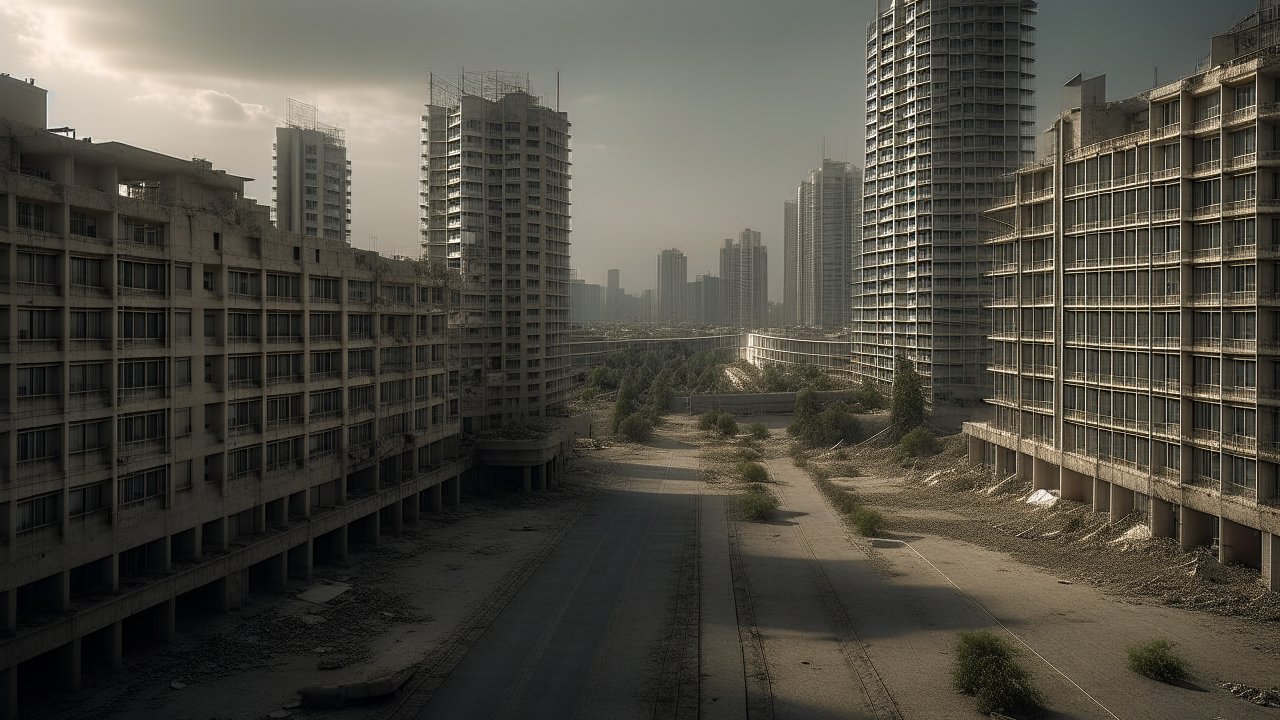 Deserted Urban Landscape with Abandoned High-Rise Buildings