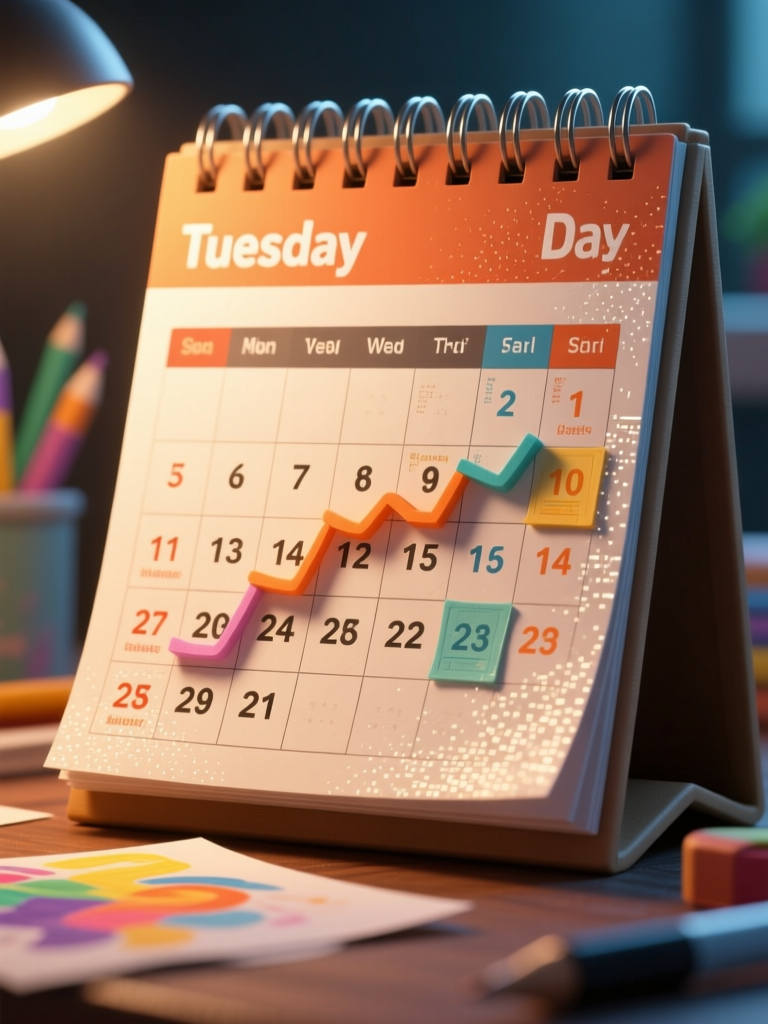 Desk Calendar Showing Tuesday Workday Schedule with Growth Chart