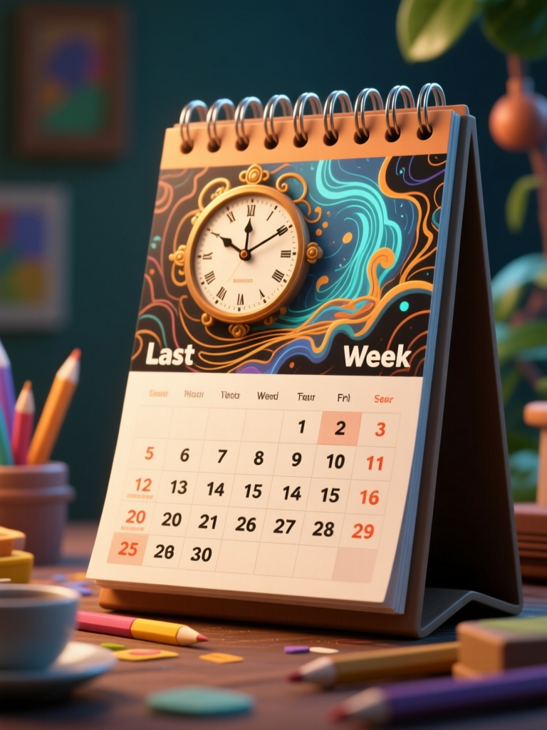 Desk Calendar with Artistic Clock and Colorful Background