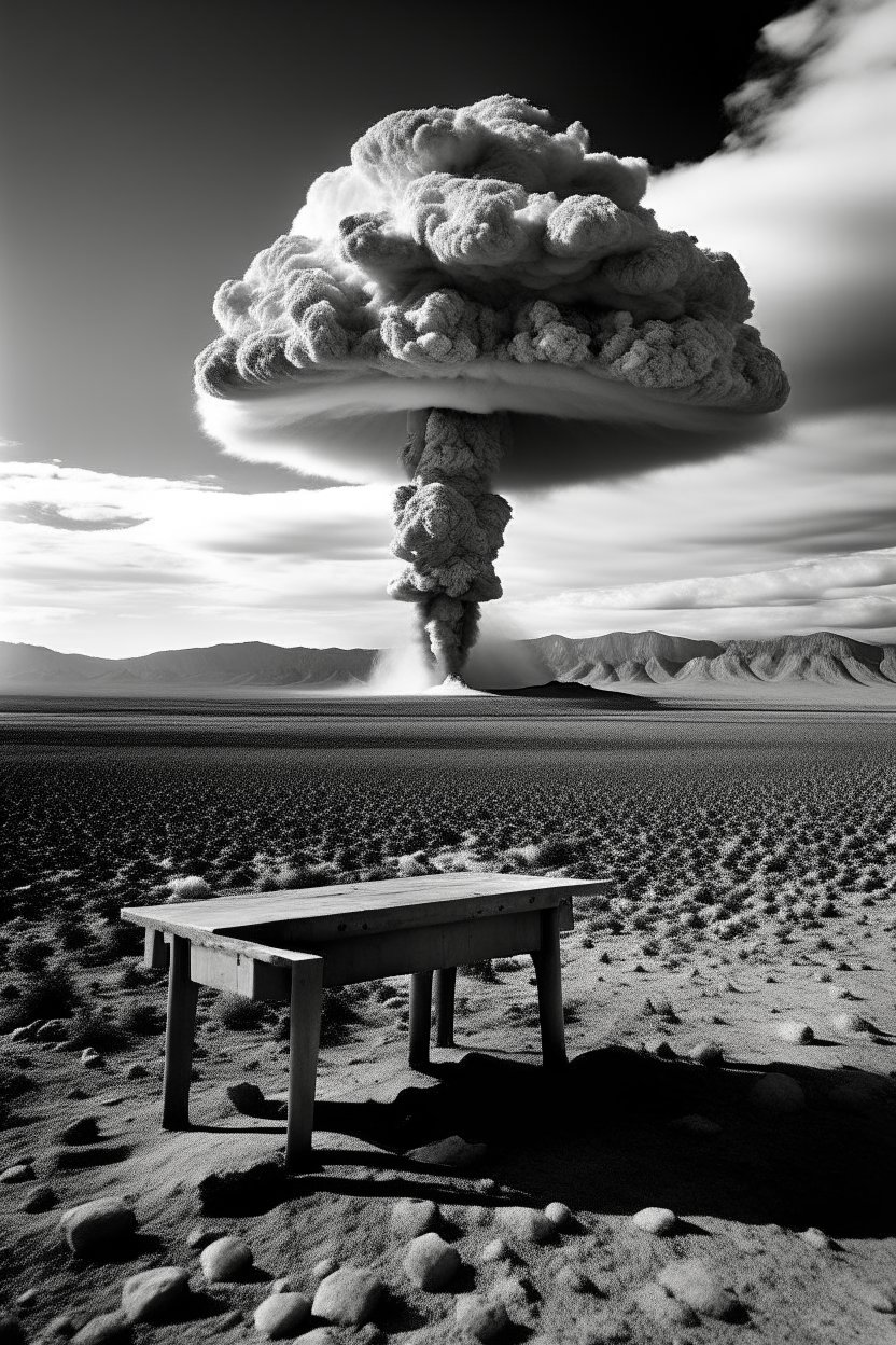 Desolate Desert Scene with Nuclear Explosion Mushroom Cloud