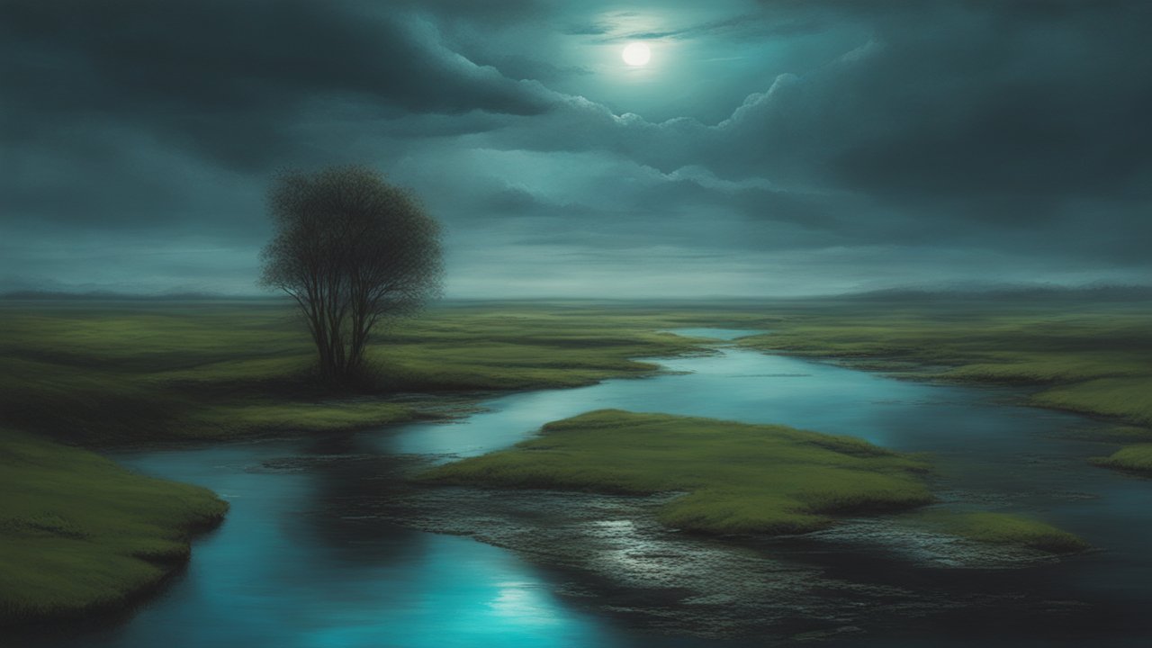Desolate Flooded Landscape Under Moonlight