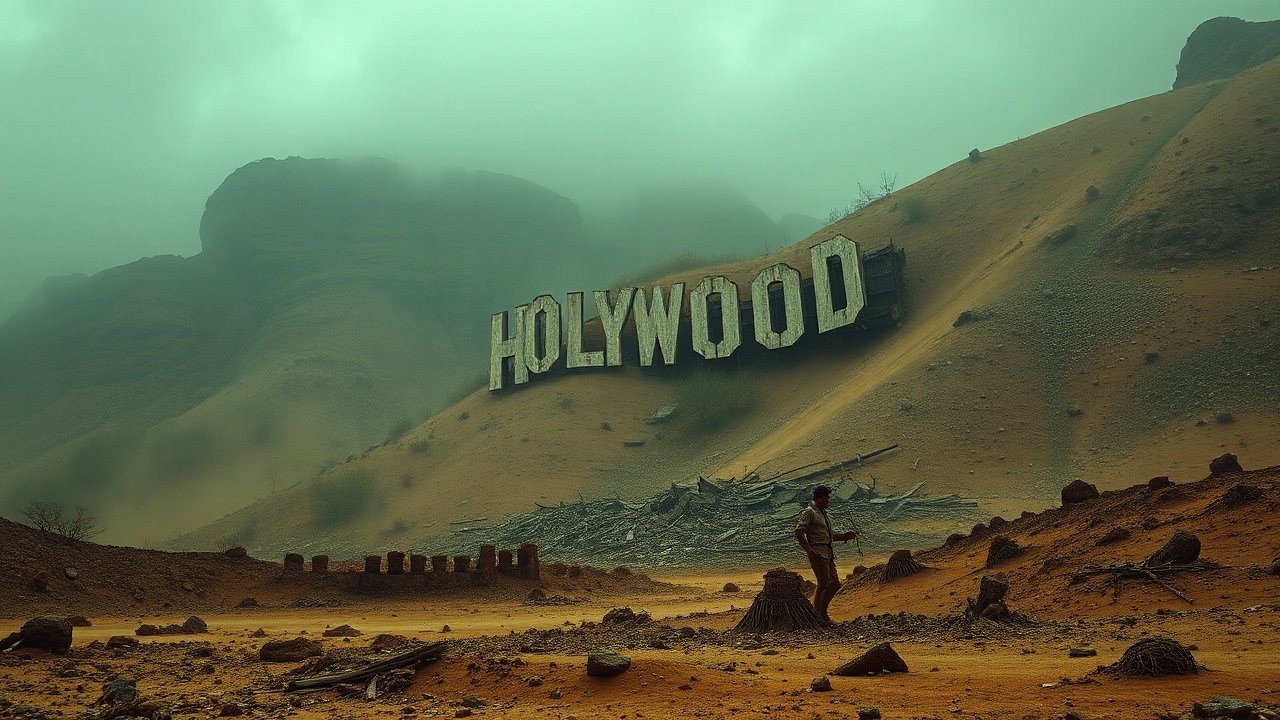 Desolate Hollywood Sign in a Foggy, Barren Landscape