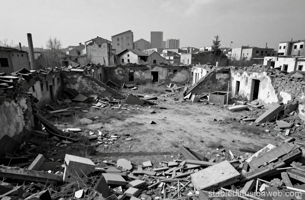 Desolate Ruins of Collapsed Buildings in Urban Area
