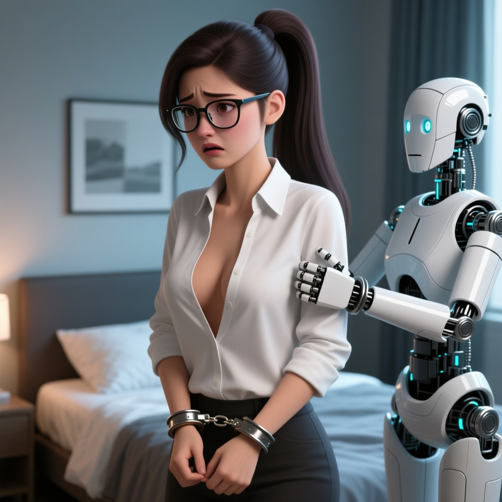 Desperate Woman Handcuffed by Robot in Modern Bedroom