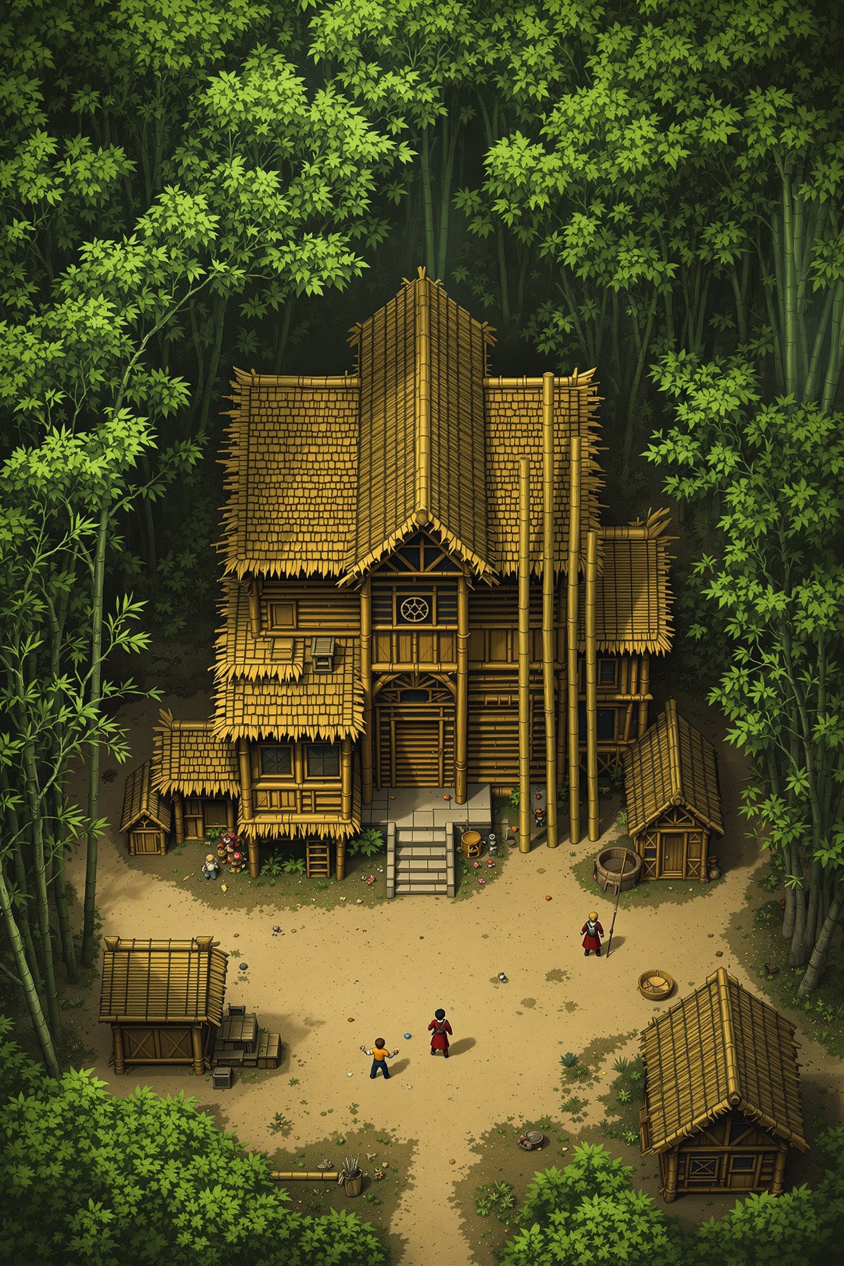 Detailed Bamboo House in Lush Forest Clearing