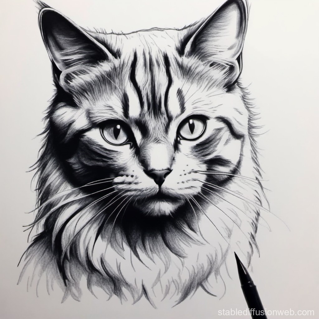 Detailed Black and White Cat Portrait Drawing