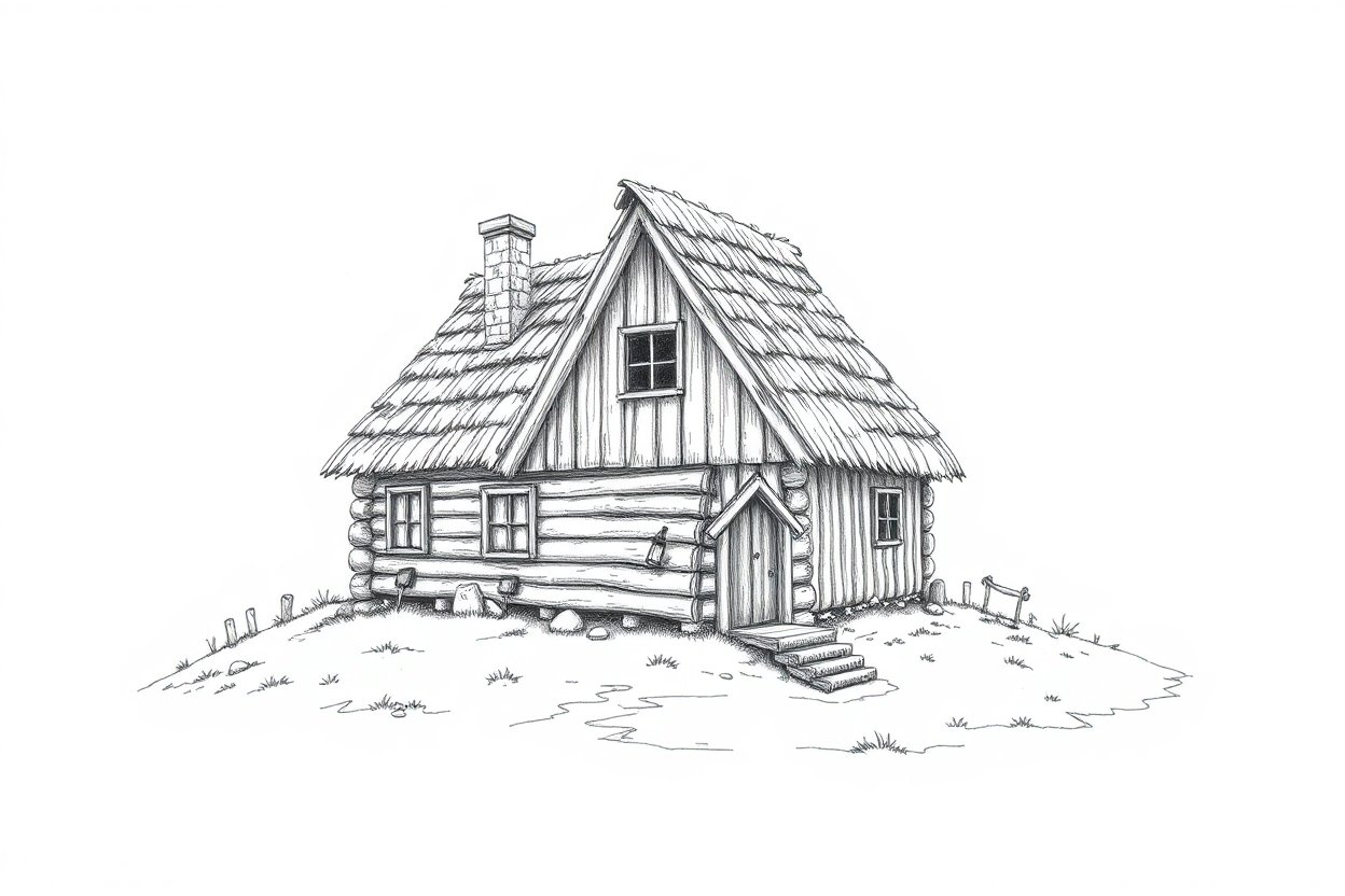 Detailed Black and White Drawing of a Viking House