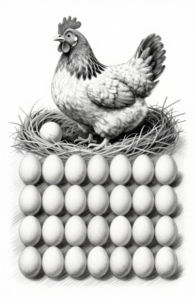 Detailed Black and White Illustration of Hen with 25 Eggs