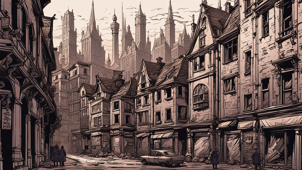 Detailed Comic-Style Illustration of a Gothic City Street