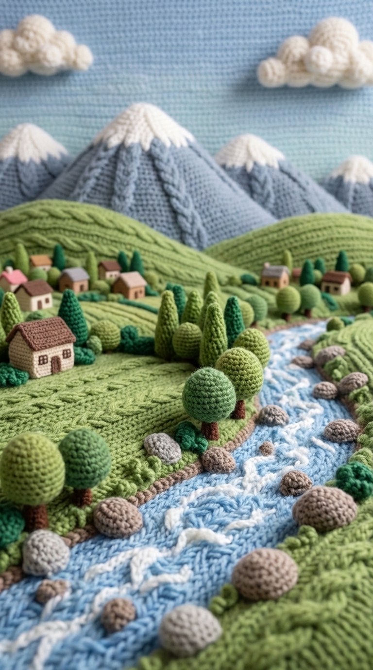 Detailed Crocheted Landscape with Mountains and River