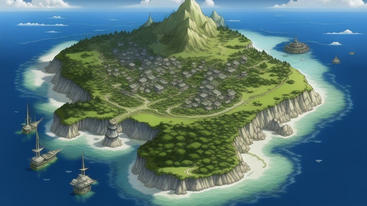 Detailed Fantasy Island with Village and Ships