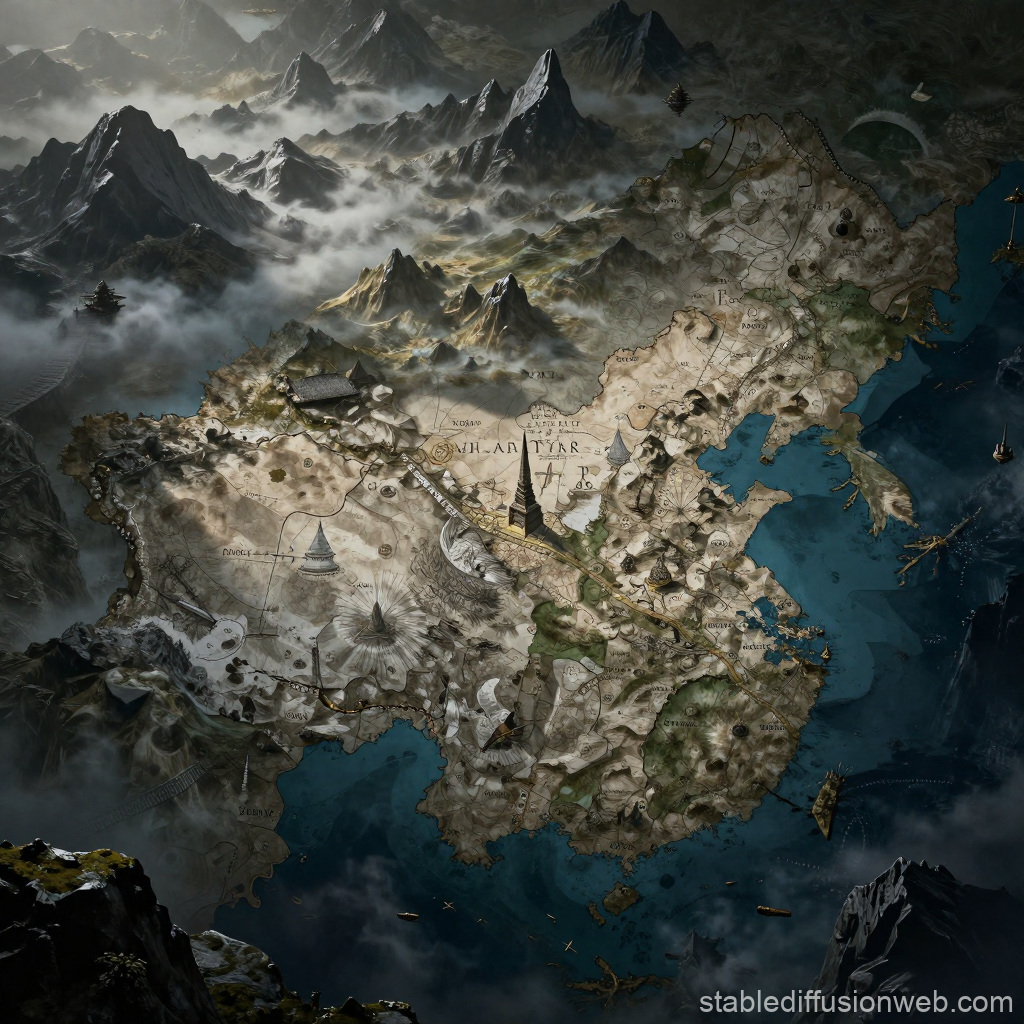 Detailed Fantasy Map with Mountains and Coastal Regions