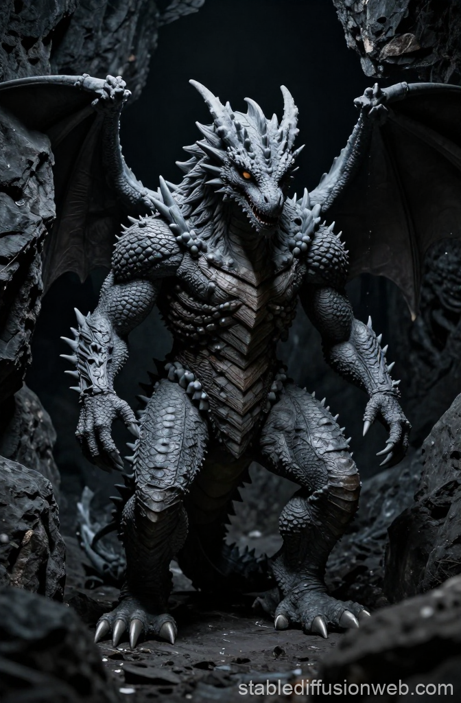 Detailed Grey Dragon Monster in Dark Cave