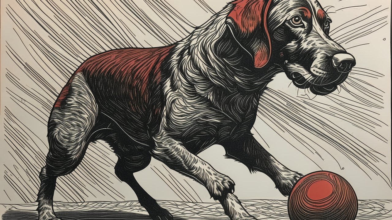 Detailed Illustration of a Dog Playing with a Ball