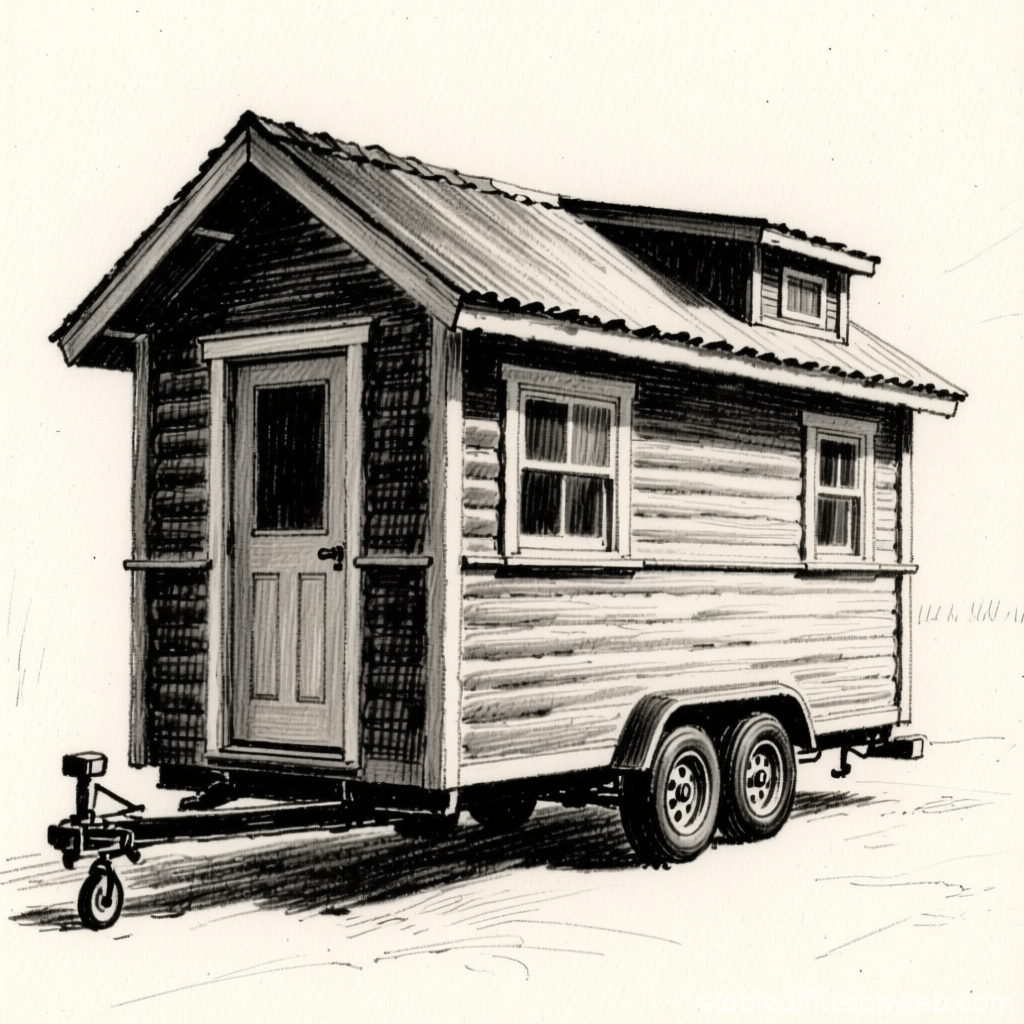 Detailed Ink Sketch of a Tiny House on Wheels