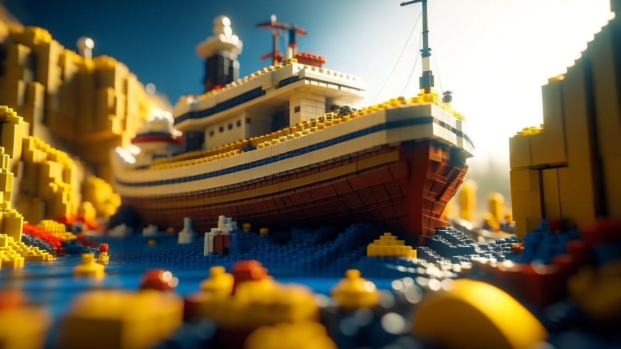 Detailed Lego Ship in a Vibrant Harbor Scene