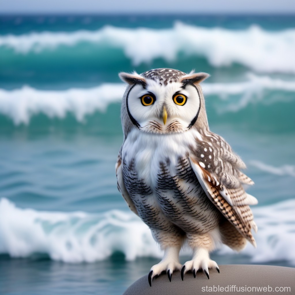 Detailed Owl Perched by Ocean Waves