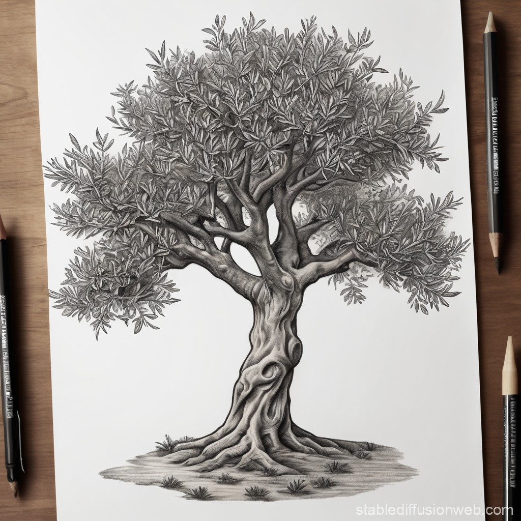 Detailed Pencil Drawing of an Olive Tree