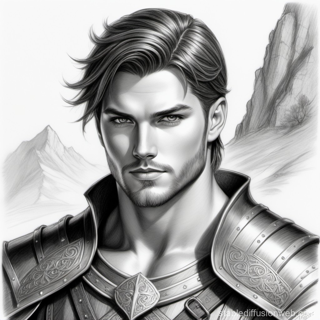 Detailed Pencil Portrait of a Male Warrior in Armor