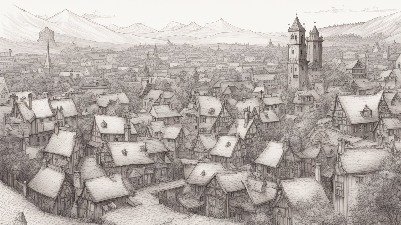 Detailed Pencil Sketch of a Medieval Town