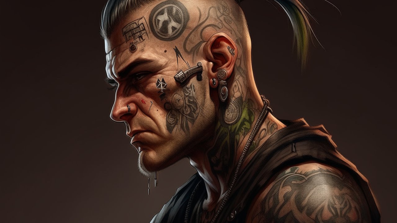 Detailed Portrait of a Tattooed Male Punk Hooligan