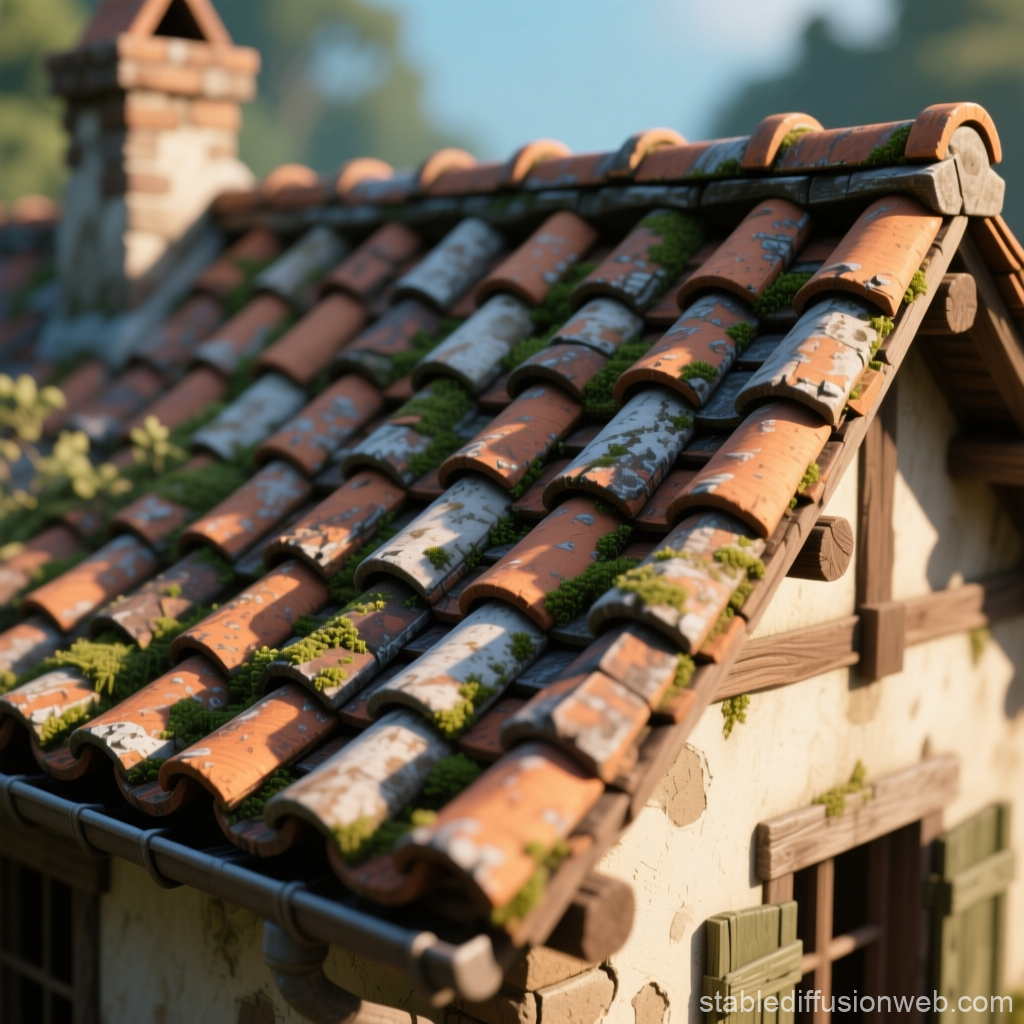 Detailed Rustic Roof Tiles with Moss and Weathering