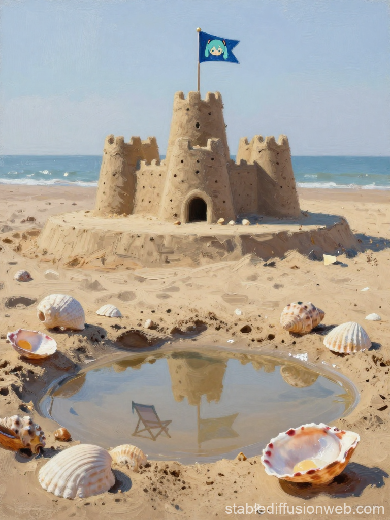 Detailed Sandcastle on Beach with Reflective Pool and Seashells