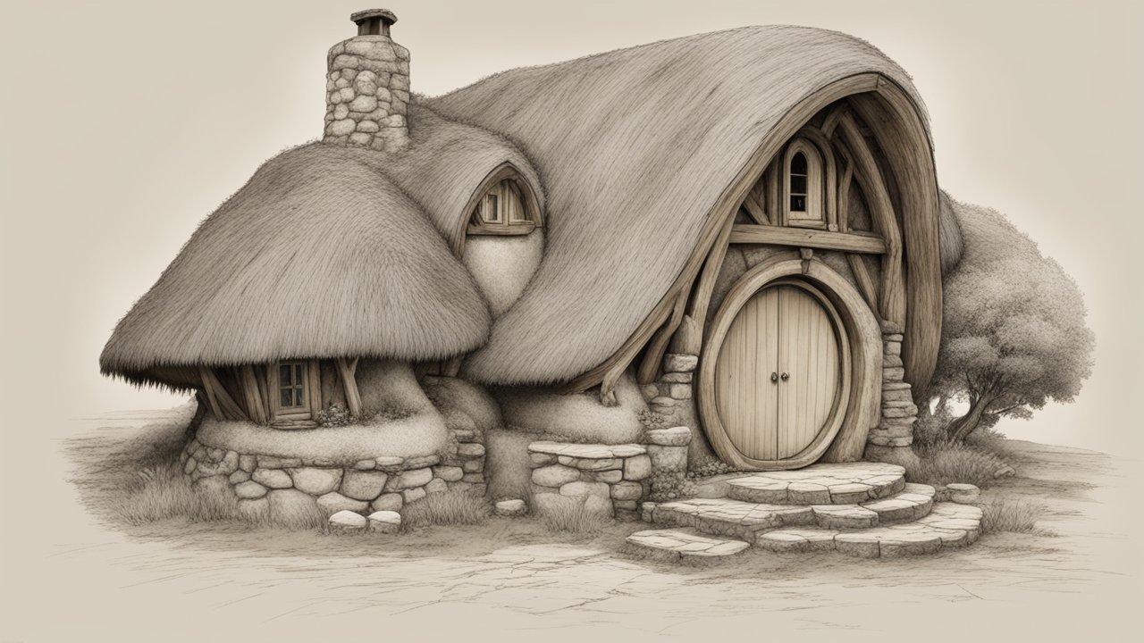 Detailed Sketch of a Hobbit-Style Vernacular Cottage