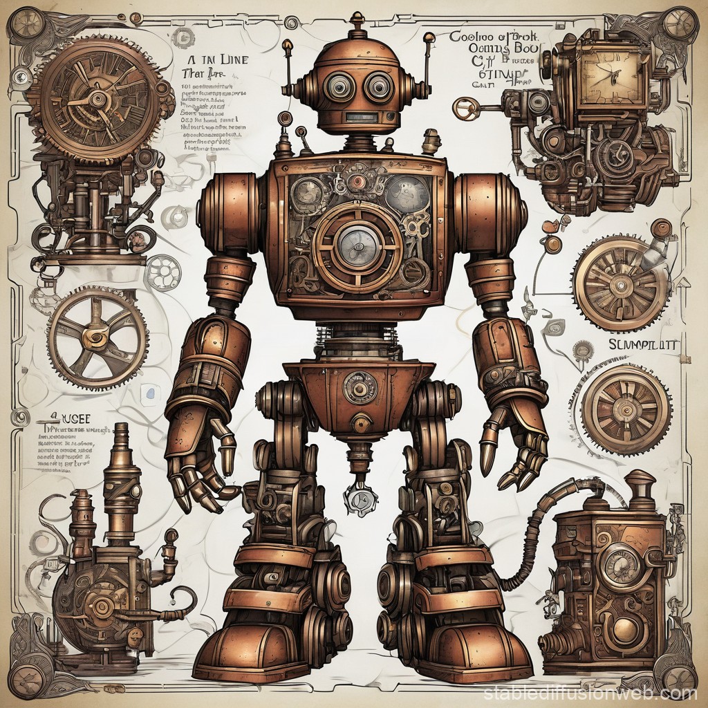 Detailed Steampunk Robot Blueprint