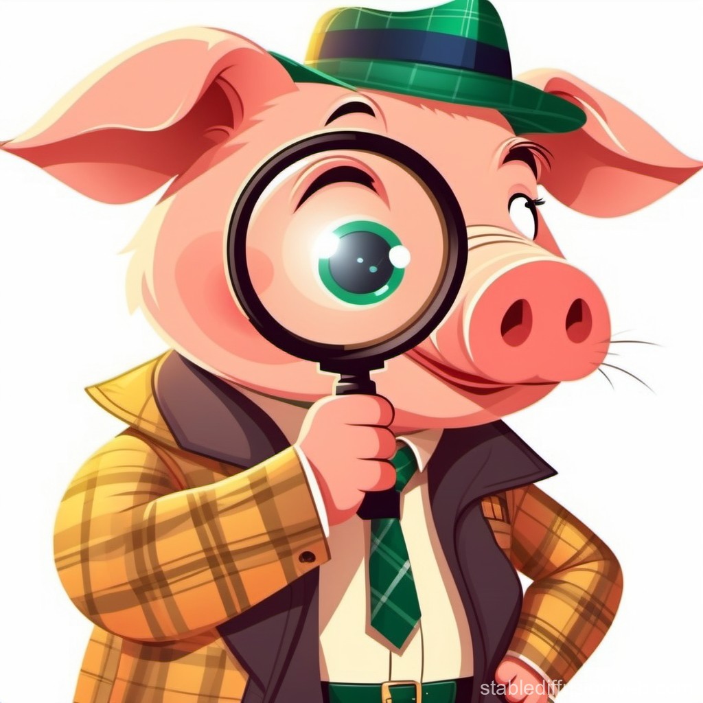 Detective Pig with Magnifying Glass in Plaid Outfit