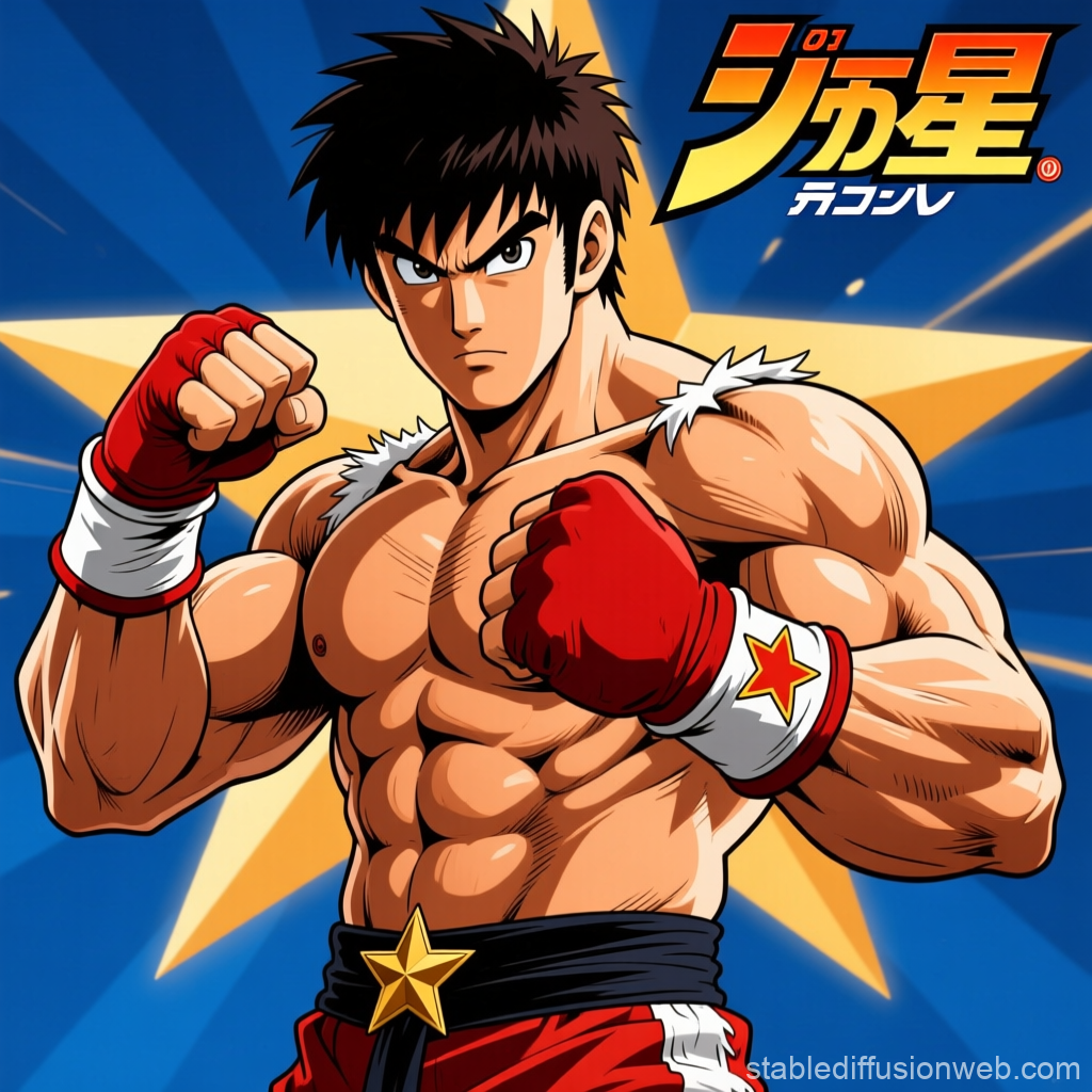Determined Anime Boxer with Star Emblems