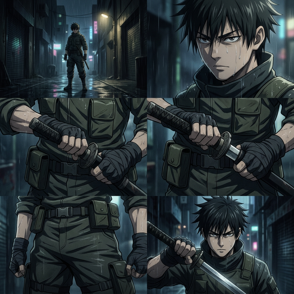 Determined Anime Warrior in Rainy Urban Alley