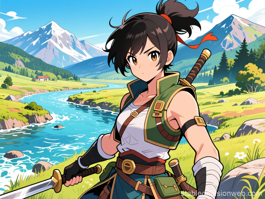 Determined Anime Warrior in Scenic Mountain Landscape