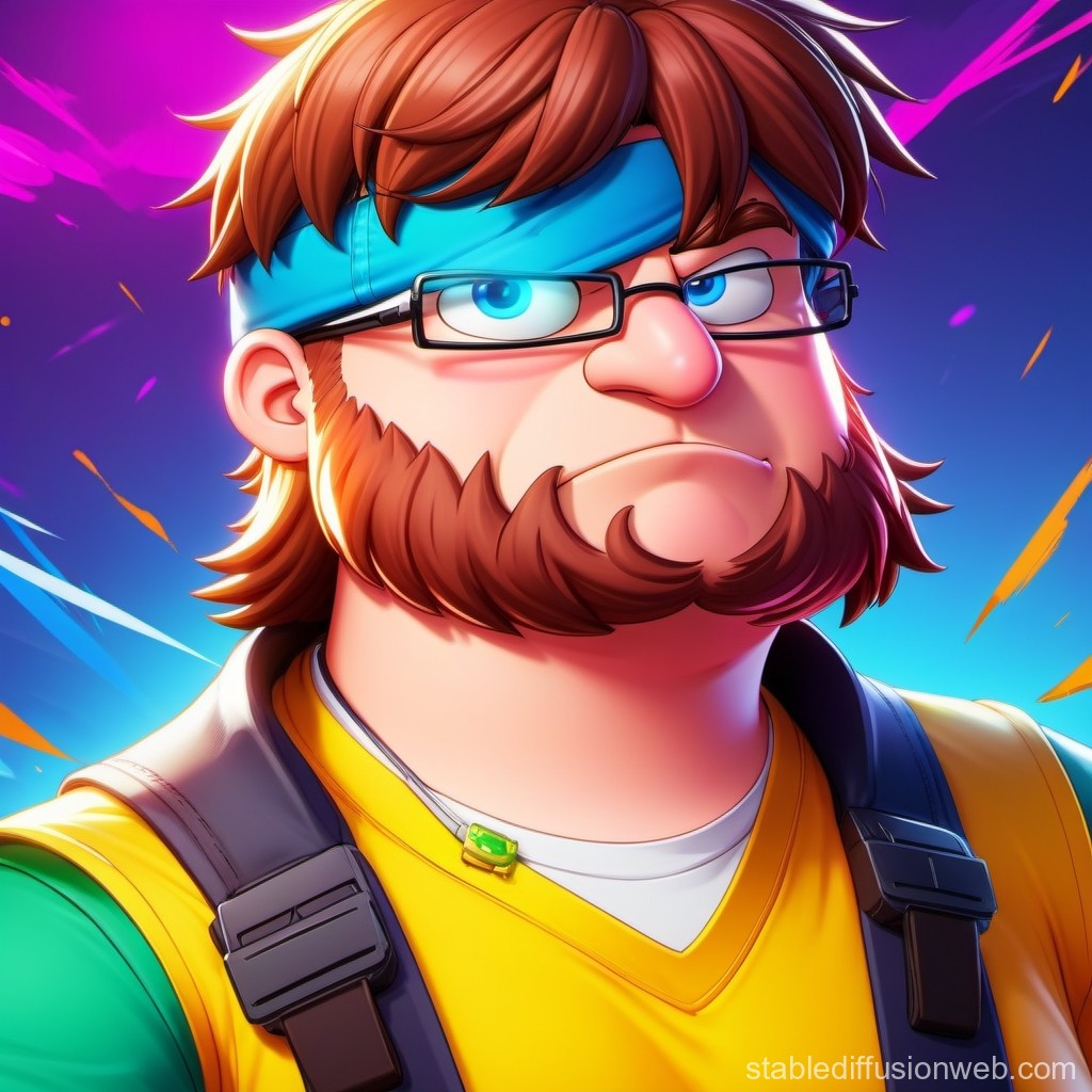 Determined Cartoon Character with Blue Headband and Glasses
