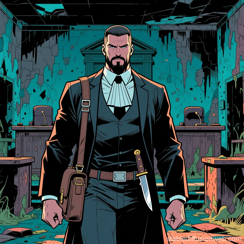 Determined Lawyer in a Ruined Courtroom