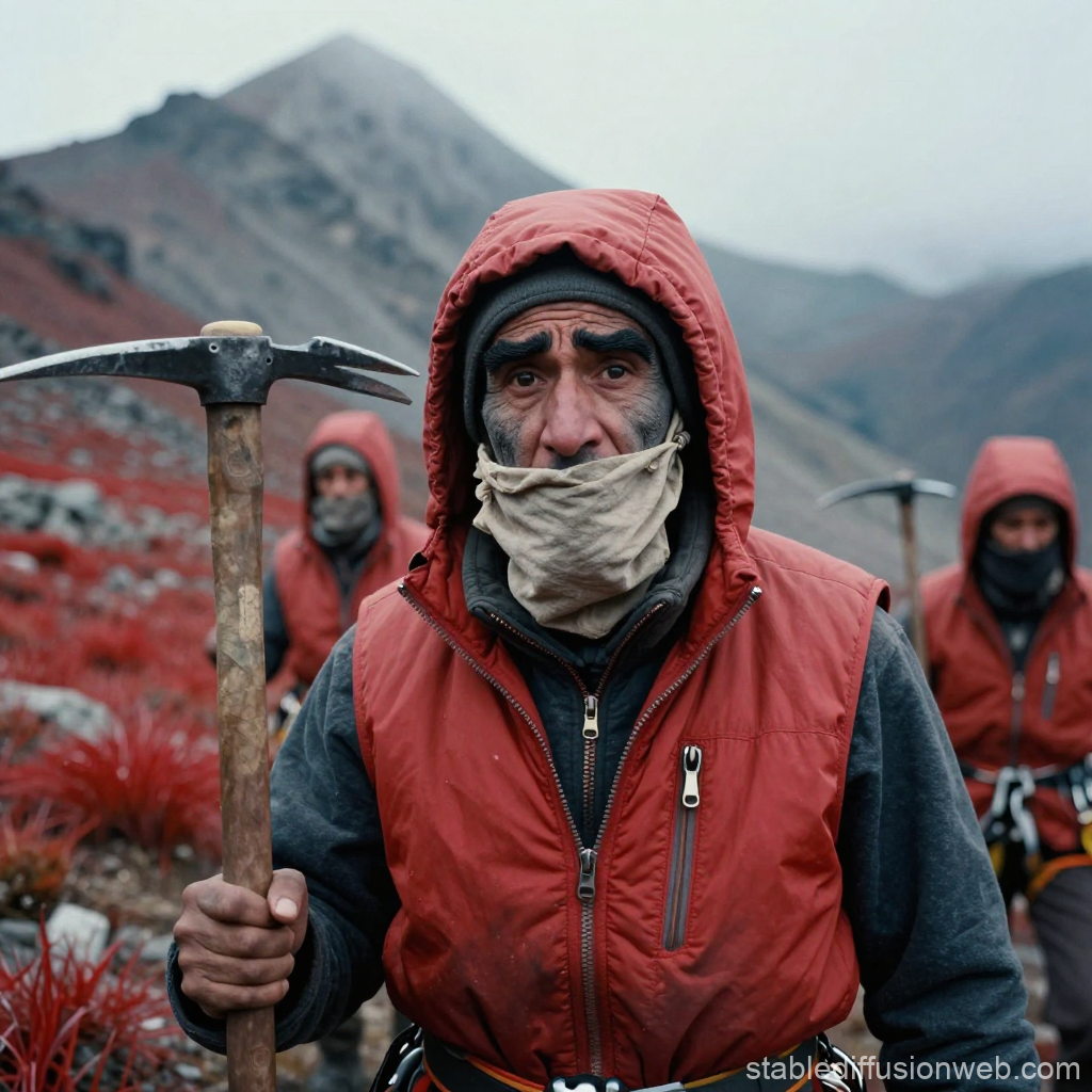 Determined Mountaineer in Red Vest Holding Ice Axe