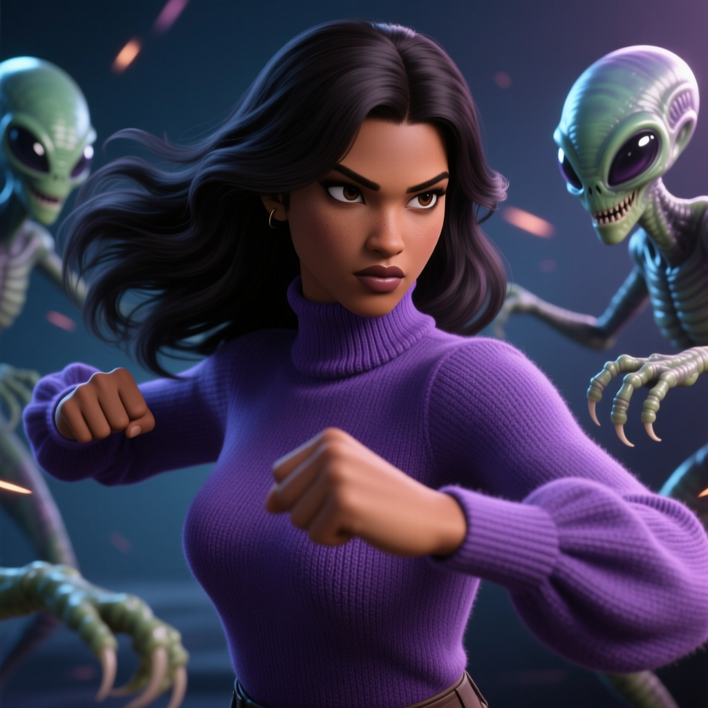 Determined Woman Fighting Aliens in Sci-Fi Scene