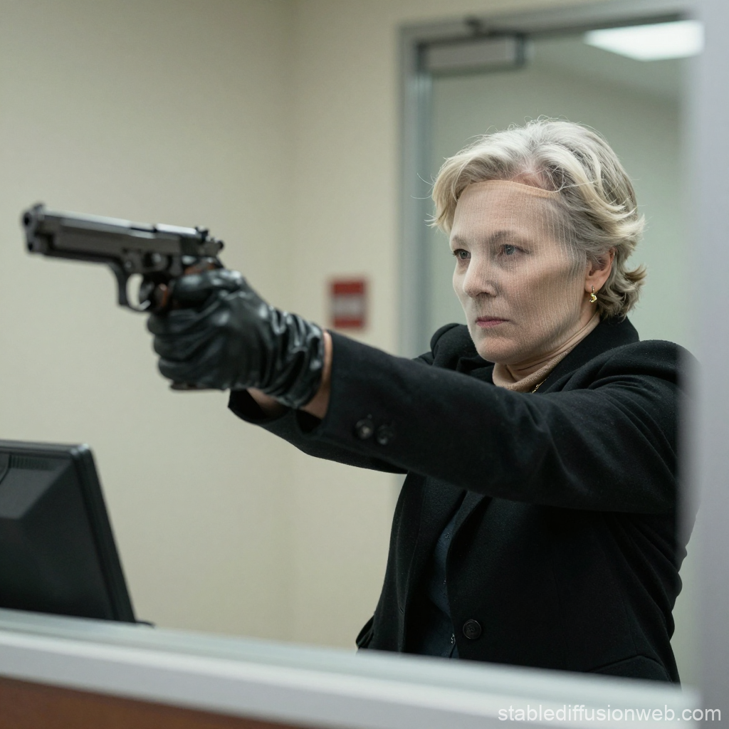 Determined Woman Pointing Gun in Bank Robbery Scene
