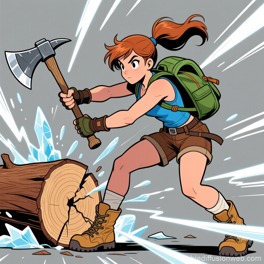 Determined Woman Swinging Axe to Split Log
